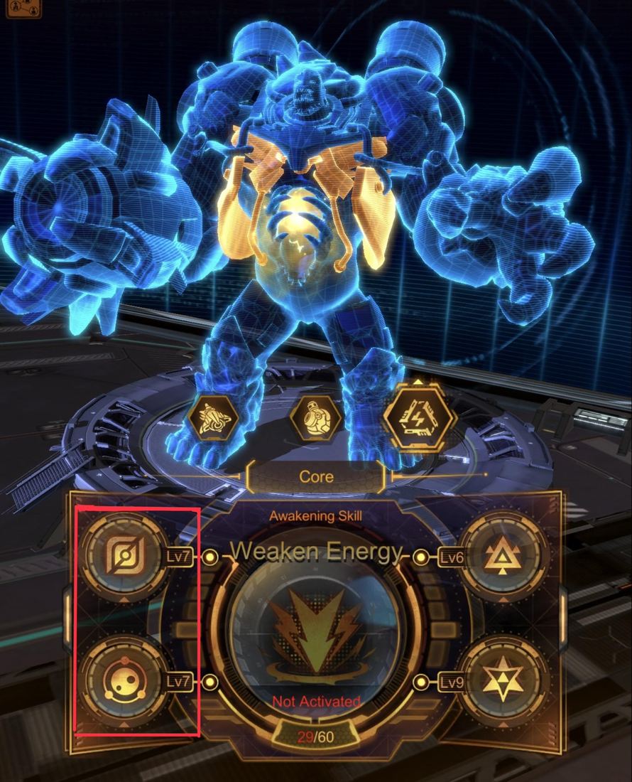 Male Titan core screen showing the Weaken Energy awakening skill with the two left-hand nodes highlighted