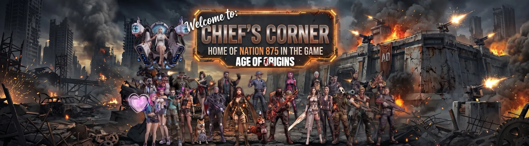 Welcome to Chief's Corner, home of Nation 875 in the game Age of Origins, with all 24 officers lined up in front of a burning fortress